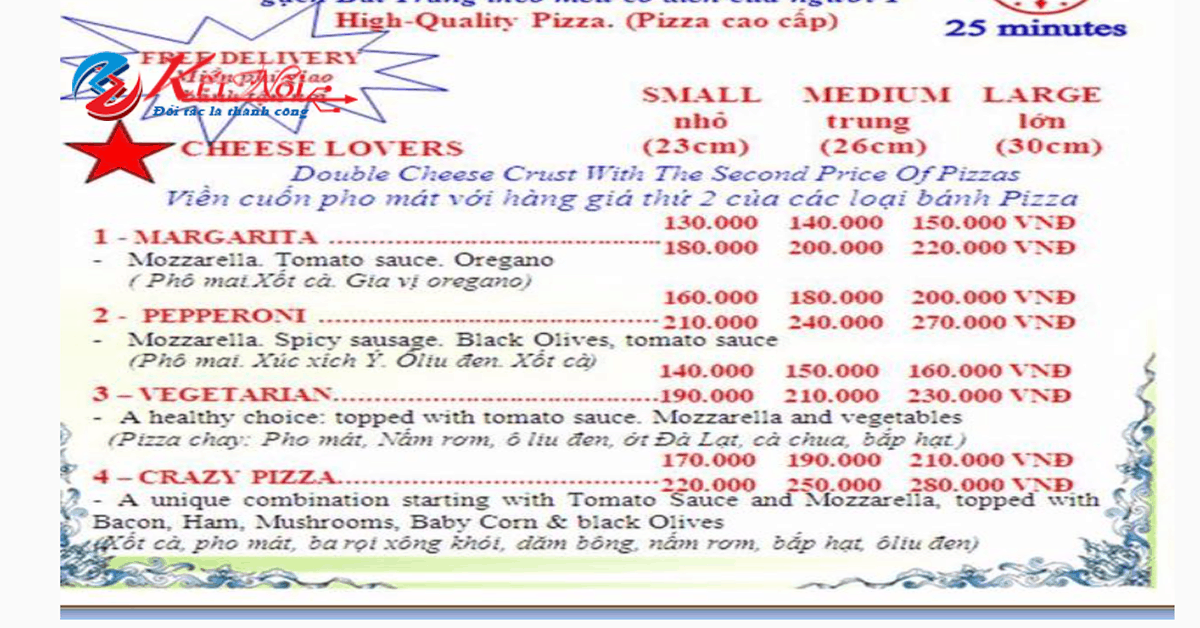bảng giá pizza